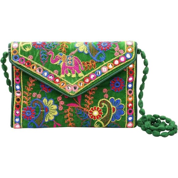 Handbags - Rajasthani Embroidered Clutch Bag for Women Mini Crossbody Green Wedding Purse
